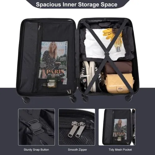 3 Piece Lightweight Luggage Set with 360 Spinner Wheels & TSA Lock, Nesting Suitcases 20/24/28 Inch for Travel, 2 Hooks & Expandable Storage, Black