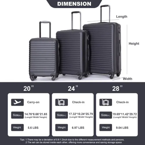 3 Piece Lightweight Luggage Set with 360 Spinner Wheels & TSA Lock, Nesting Suitcases 20/24/28 Inch for Travel, 2 Hooks & Expandable Storage, Black