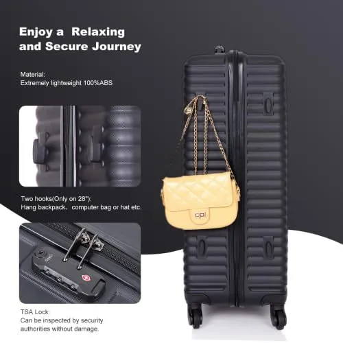 3 Piece Lightweight Luggage Set with 360 Spinner Wheels & TSA Lock, Nesting Suitcases 20/24/28 Inch for Travel, 2 Hooks & Expandable Storage, Black