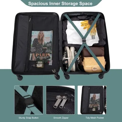 3 Piece Lightweight Luggage Set with 360 Spinner Wheels & TSA Lock, Nesting Suitcases 20/24/28 Inch for Travel, 2 Hooks & Expandable Storage, Green