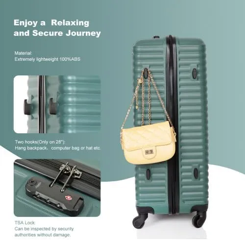 3 Piece Lightweight Luggage Set with 360 Spinner Wheels & TSA Lock, Nesting Suitcases 20/24/28 Inch for Travel, 2 Hooks & Expandable Storage, Green