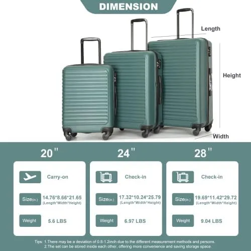 3 Piece Lightweight Luggage Set with 360 Spinner Wheels & TSA Lock, Nesting Suitcases 20/24/28 Inch for Travel, 2 Hooks & Expandable Storage, Green