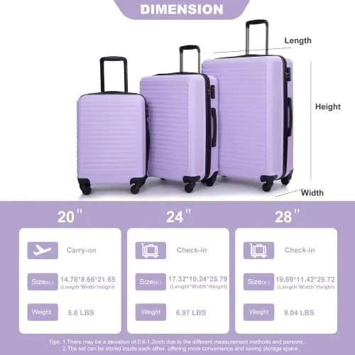 3 Piece Lightweight Luggage Set with 360 Spinner Wheels & TSA Lock, Nesting Suitcases 20/24/28 Inch for Travel, 2 Hooks & Expandable Storage, Lavender Purple
