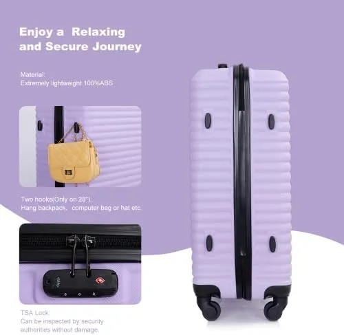 3 Piece Lightweight Luggage Set with 360 Spinner Wheels & TSA Lock, Nesting Suitcases 20/24/28 Inch for Travel, 2 Hooks & Expandable Storage, Lavender Purple