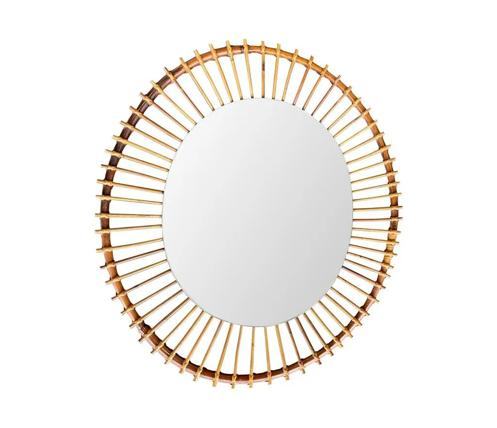 A 1970s Italian oval pencil reed bamboo mirror with original mirror plate fixed with brass circular fittings
