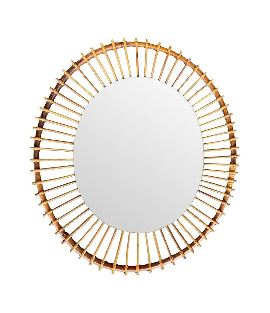 A 1970s Italian oval pencil reed bamboo mirror with original mirror plate fixed with brass circular fittings