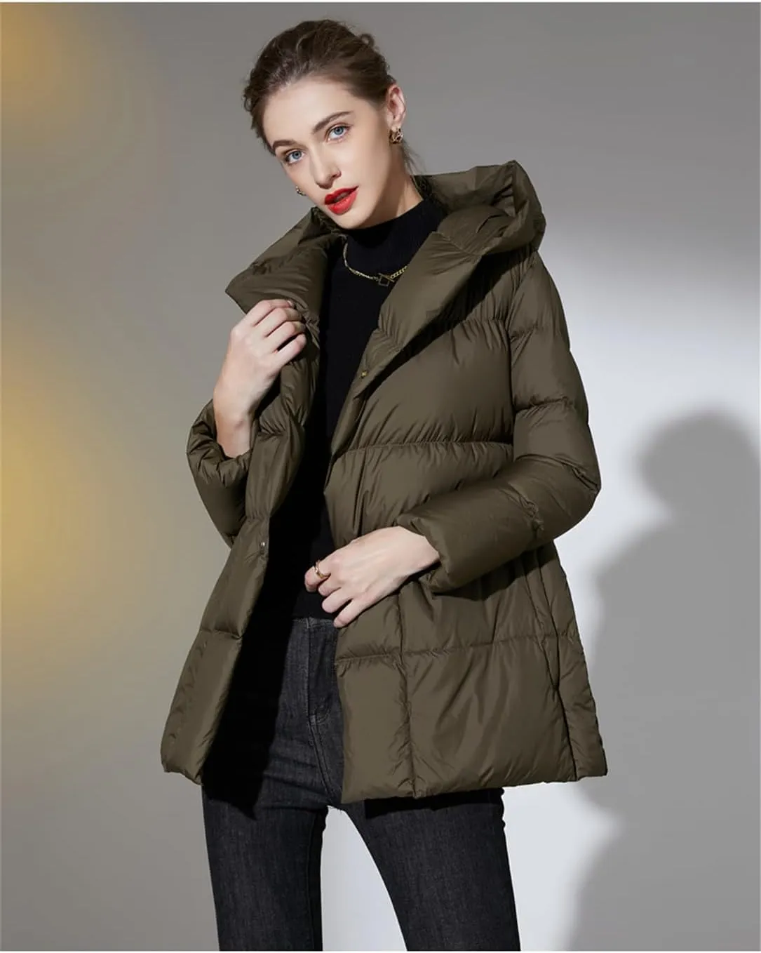 Adhdyuud Women's Puffer Down Jackets Winter Ultra Light Warm Casual Coat Belt Hooded Parka Overcoat