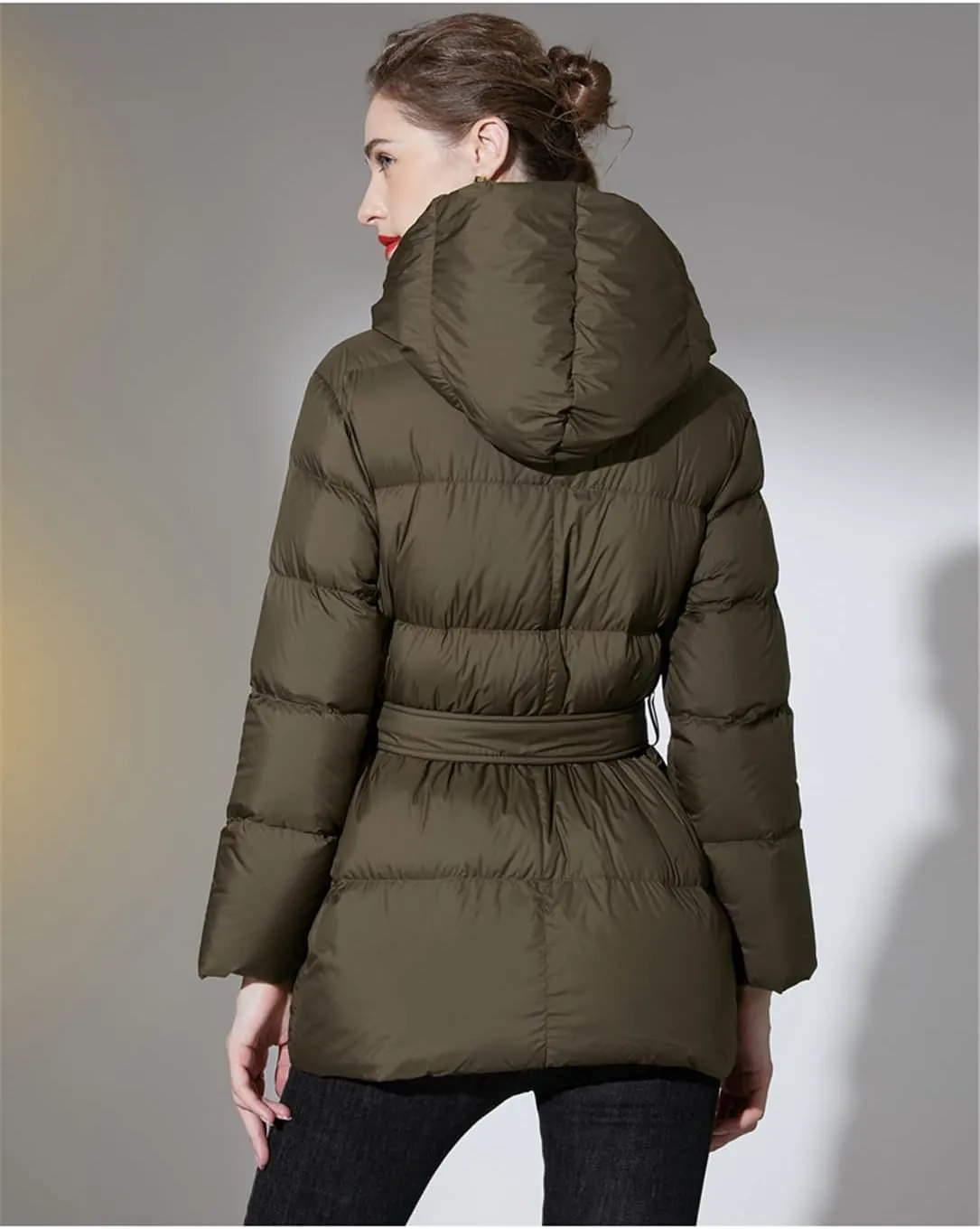 Adhdyuud Women's Puffer Down Jackets Winter Ultra Light Warm Casual Coat Belt Hooded Parka Overcoat