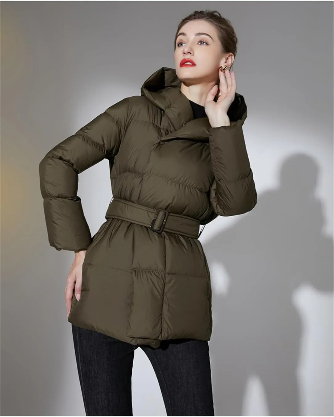 Adhdyuud Women's Puffer Down Jackets Winter Ultra Light Warm Casual Coat Belt Hooded Parka Overcoat