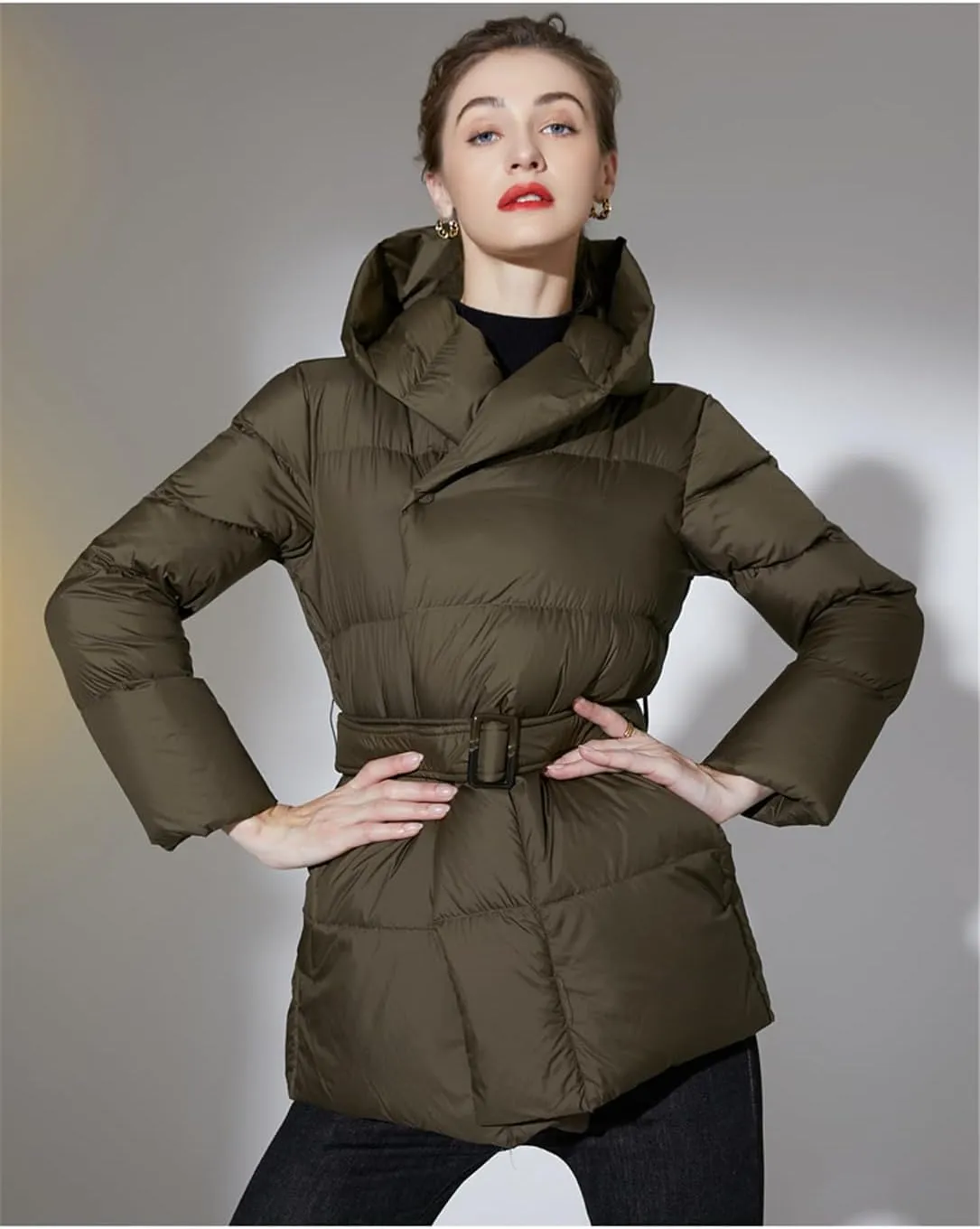 Adhdyuud Women's Puffer Down Jackets Winter Ultra Light Warm Casual Coat Belt Hooded Parka Overcoat