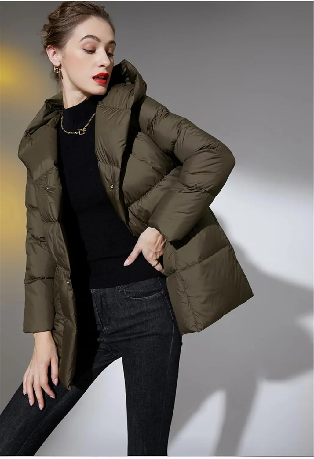 Adhdyuud Women's Puffer Down Jackets Winter Ultra Light Warm Casual Coat Belt Hooded Parka Overcoat