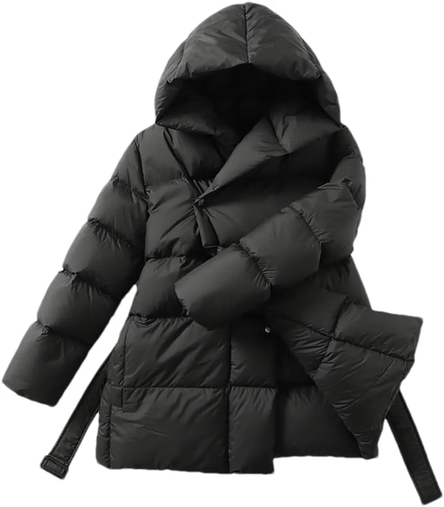 Adhdyuud Women's Puffer Down Jackets Winter Ultra Light Warm Casual Coat Belt Hooded Parka Overcoat