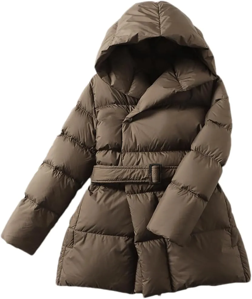 Adhdyuud Women's Puffer Down Jackets Winter Ultra Light Warm Casual Coat Belt Hooded Parka Overcoat