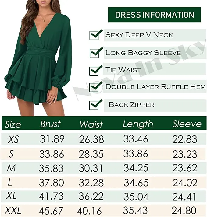 Army Green Womens Sexy V Neck Long Baggy Sleeve Tie Waist Ruffle Hem Flowy Swing Mini Short Wrap Dress - Nova In Sky