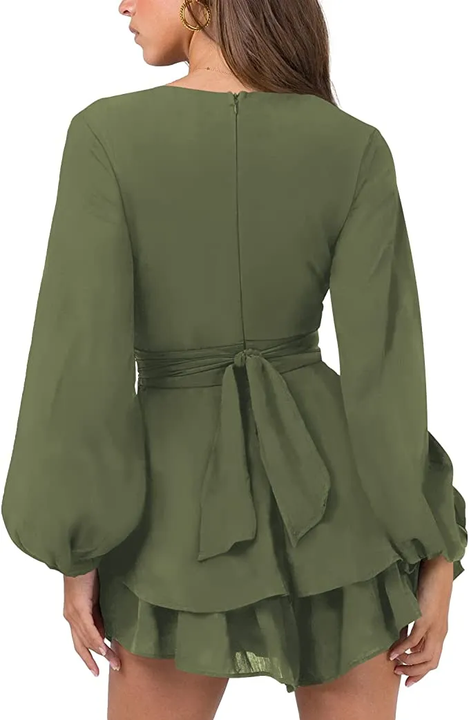Army Green Womens Sexy V Neck Long Baggy Sleeve Tie Waist Ruffle Hem Flowy Swing Mini Short Wrap Dress - Nova In Sky