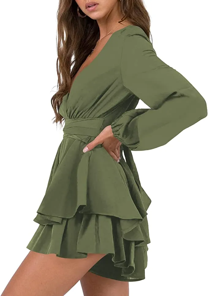 Army Green Womens Sexy V Neck Long Baggy Sleeve Tie Waist Ruffle Hem Flowy Swing Mini Short Wrap Dress - Nova In Sky