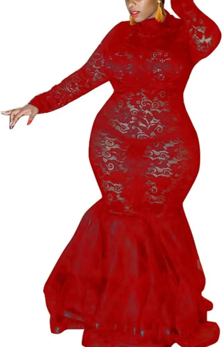 Aro Lora Womens Sexy Lace Long Sleeve See Through Sheer Mesh Ruffle Plus Size Party Bodycon Mermaid Maxi Dress