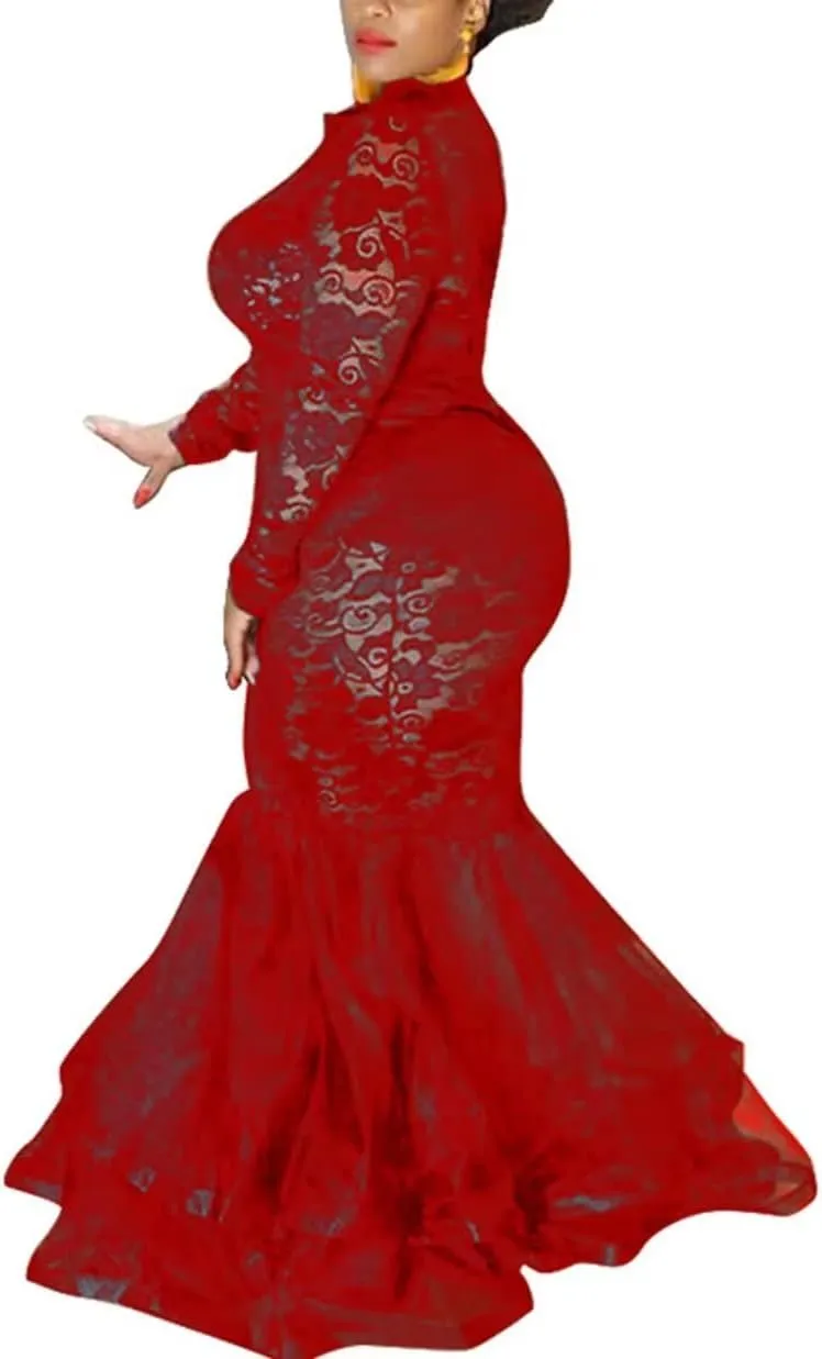 Aro Lora Womens Sexy Lace Long Sleeve See Through Sheer Mesh Ruffle Plus Size Party Bodycon Mermaid Maxi Dress