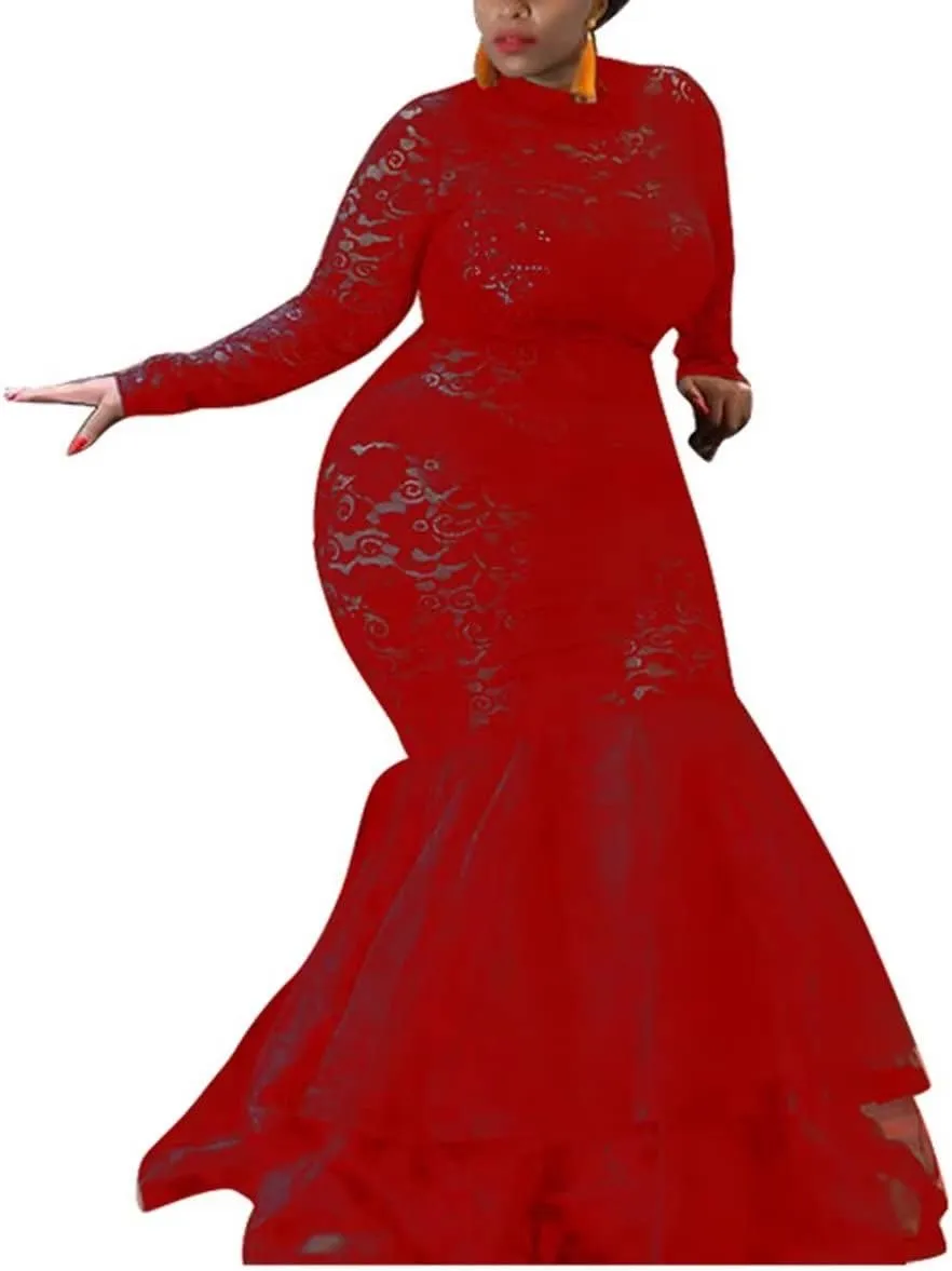 Aro Lora Womens Sexy Lace Long Sleeve See Through Sheer Mesh Ruffle Plus Size Party Bodycon Mermaid Maxi Dress