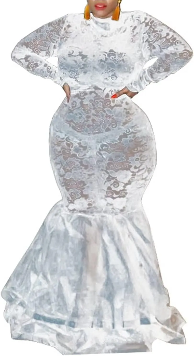 Aro Lora Womens Sexy Lace Long Sleeve See Through Sheer Mesh Ruffle Plus Size Party Bodycon Mermaid Maxi Dress
