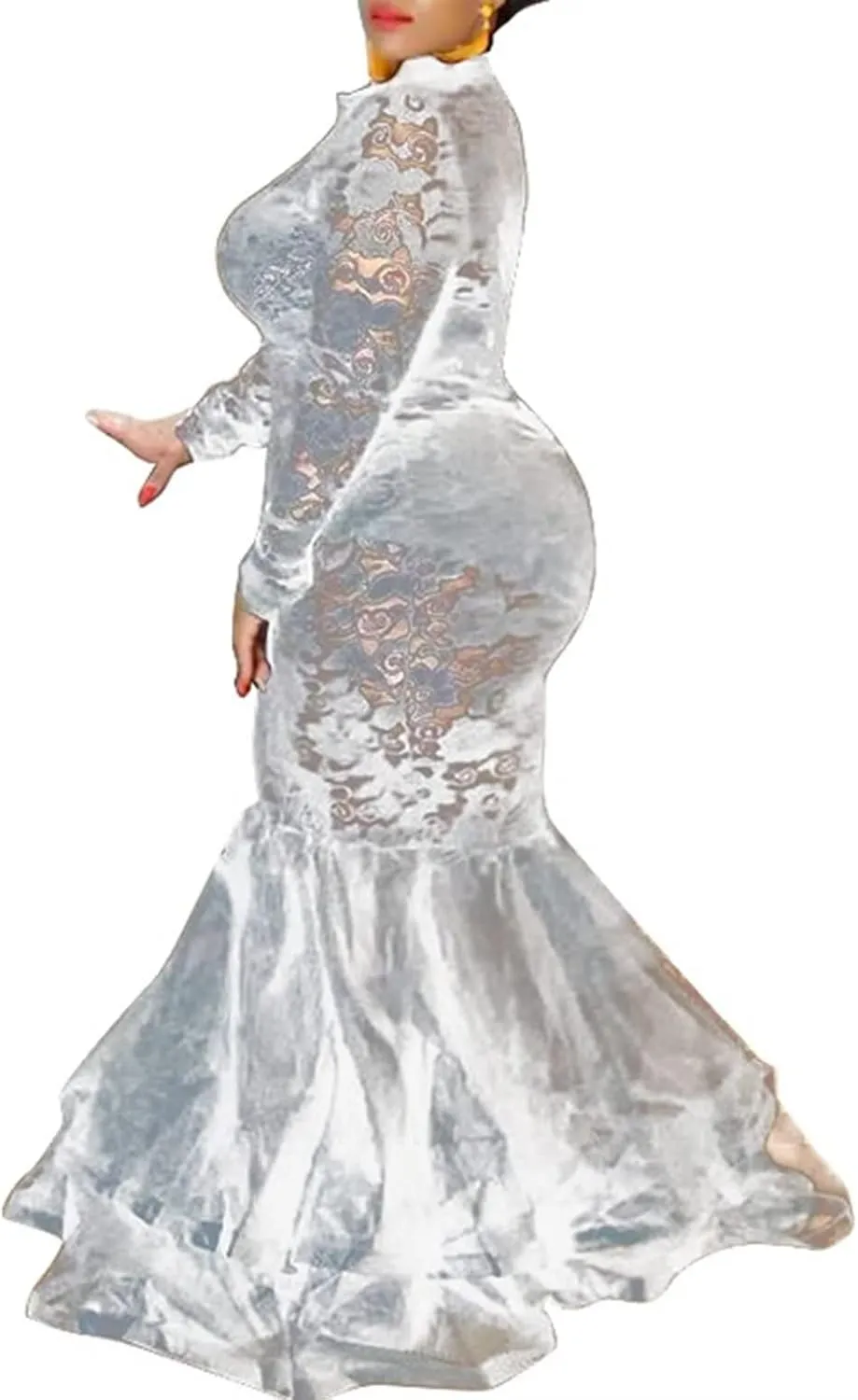Aro Lora Womens Sexy Lace Long Sleeve See Through Sheer Mesh Ruffle Plus Size Party Bodycon Mermaid Maxi Dress