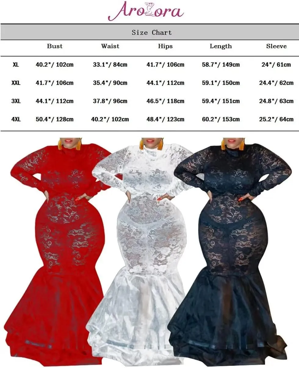 Aro Lora Womens Sexy Lace Long Sleeve See Through Sheer Mesh Ruffle Plus Size Party Bodycon Mermaid Maxi Dress