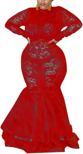 Aro Lora Womens Sexy Lace Long Sleeve See Through Sheer Mesh Ruffle Plus Size Party Bodycon Mermaid Maxi Dress