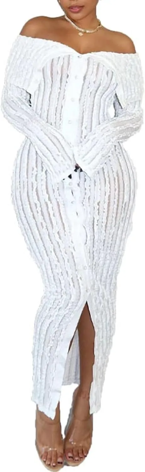 Aro Lora Womens Sexy Off Shoulder See Through Pleated Button Down Slit Bodycon Maxi Dress