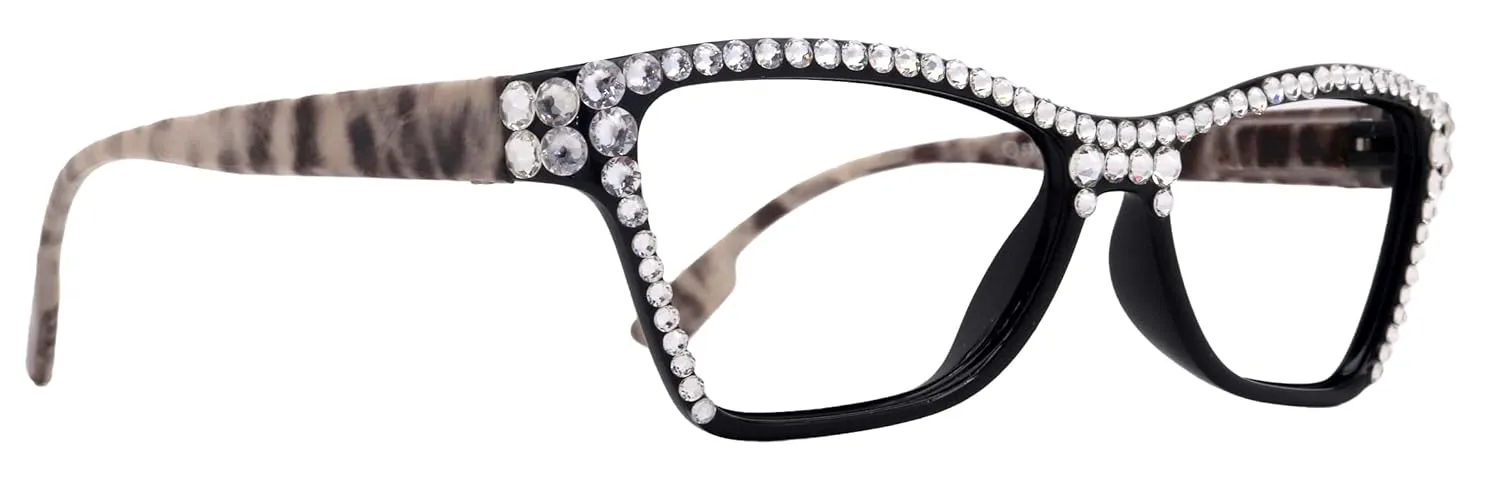 Avian, (Bling) Women Reading Glasses w (Full TOP) (Clear) Genuine European Crystals, Cat Eye (Black w Leopard) NY Fifth Avenue. ( 2.50)