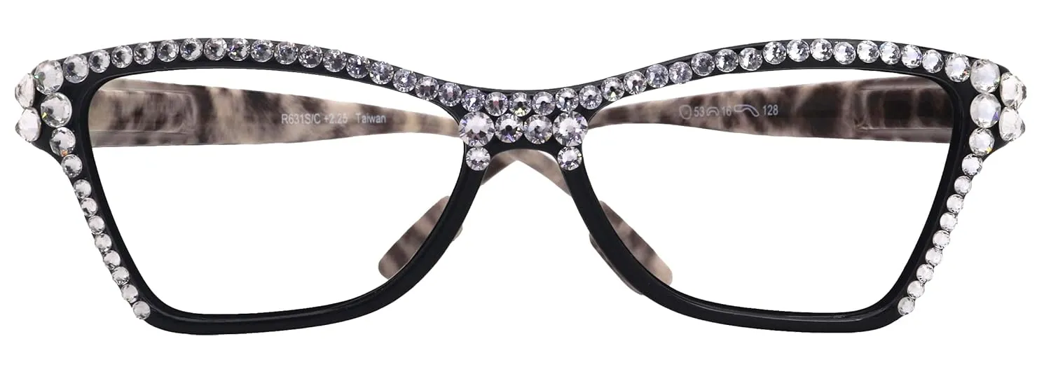 Avian, (Bling) Women Reading Glasses w (Full TOP) (Clear) Genuine European Crystals, Cat Eye (Black w Leopard) NY Fifth Avenue. ( 2.50)