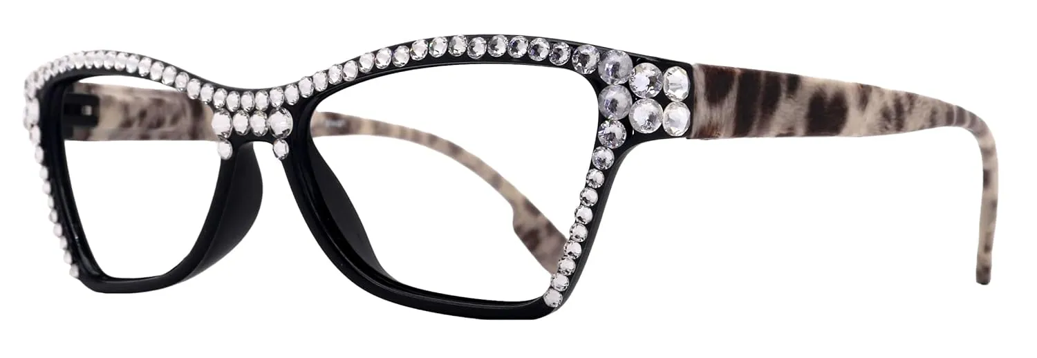 Avian, (Bling) Women Reading Glasses w (Full TOP) (Clear) Genuine European Crystals, Cat Eye (Black w Leopard) NY Fifth Avenue. ( 2.50)