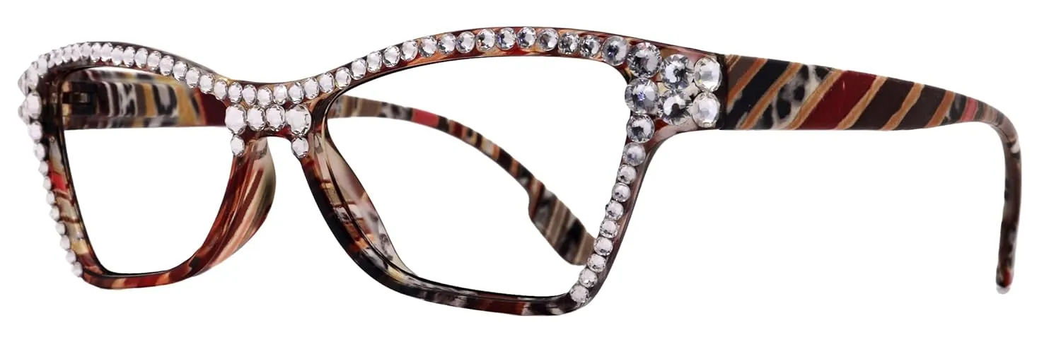 Avian, (Bling) Women Reading Glasses w (Full TOP) (Clear) Genuine European Crystals, Cat Eye (Red, Brown, BK stripes) NY Fifth Avenue. ( 2.00)