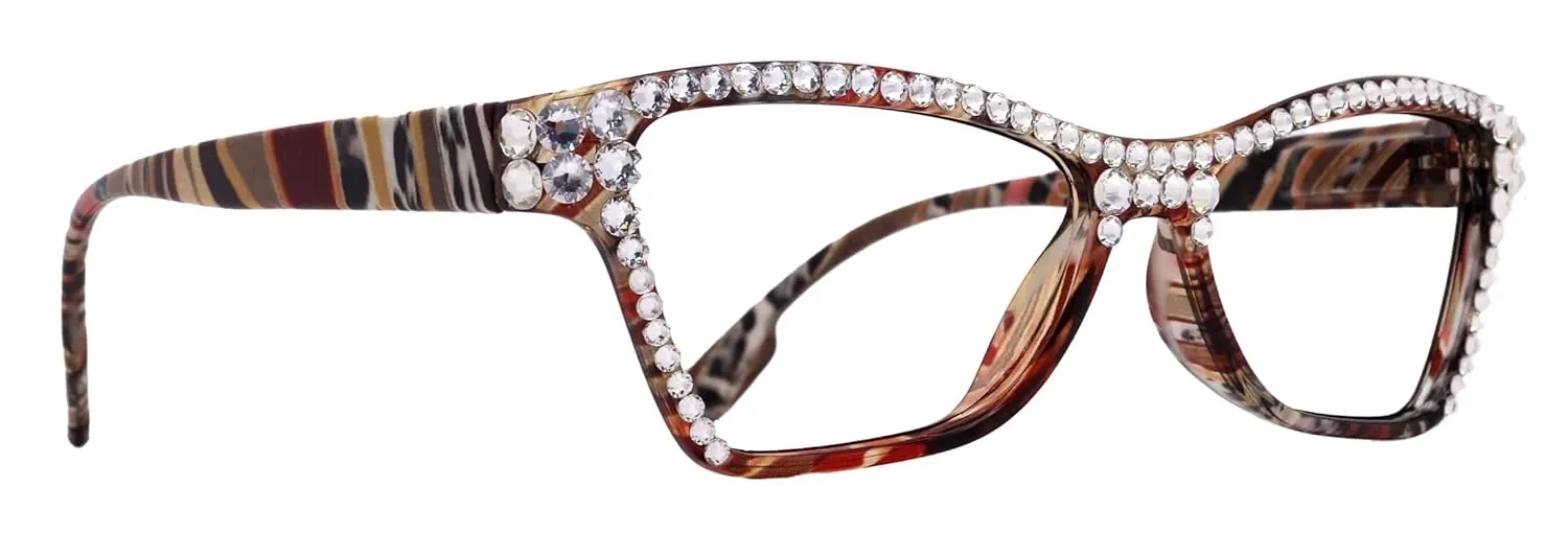 Avian, (Bling) Women Reading Glasses w (Full TOP) (Clear) Genuine European Crystals, Cat Eye (Red, Brown, BK stripes) NY Fifth Avenue. ( 2.00)