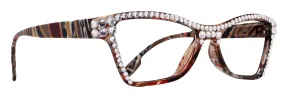 Avian, (Bling) Women Reading Glasses w (Full TOP) (Clear) Genuine European Crystals, Cat Eye (Red, Brown, BK stripes) NY Fifth Avenue. ( 2.00)