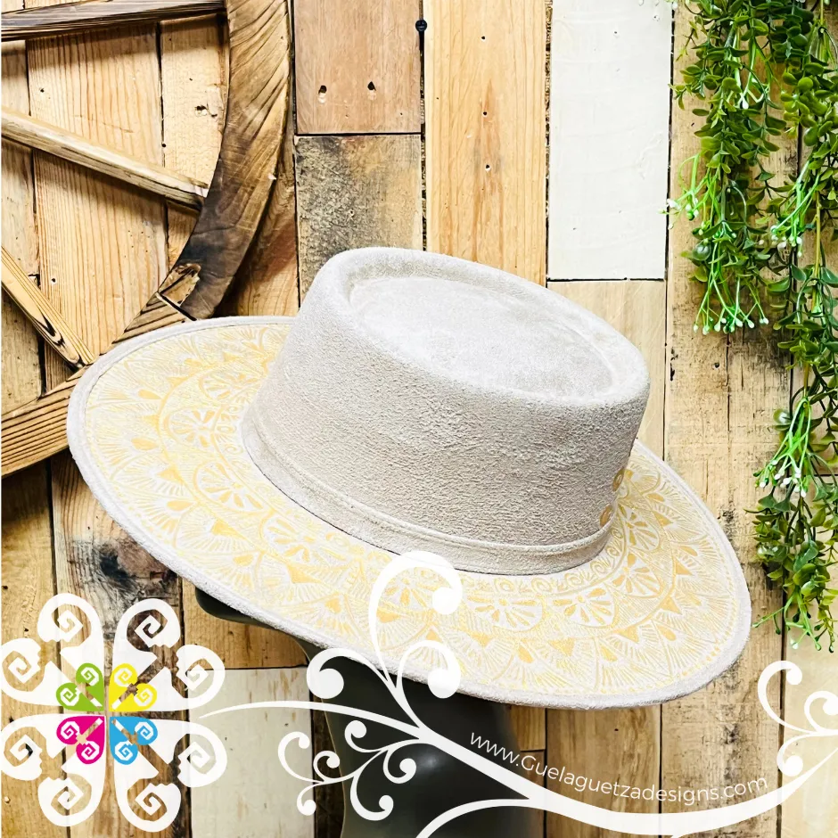 Beige Oval Mitla Velvet Hat - Hand Painted Hat