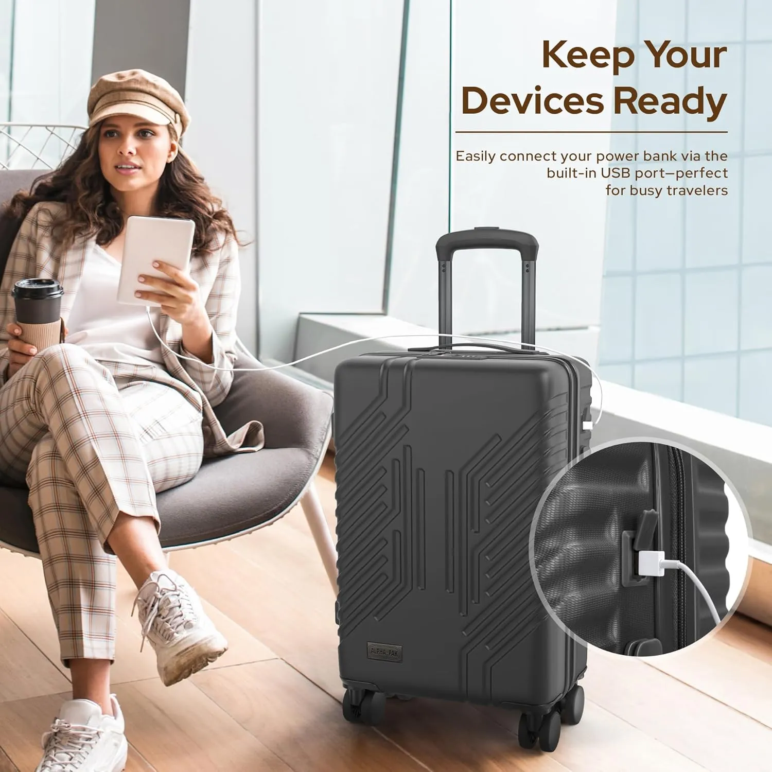 Carry On Luggage, Spinner Wheels Airline Approved 20 inch Lightweight Hard-shell Suitcase with Built-in TSA Lock and USB Port, Black