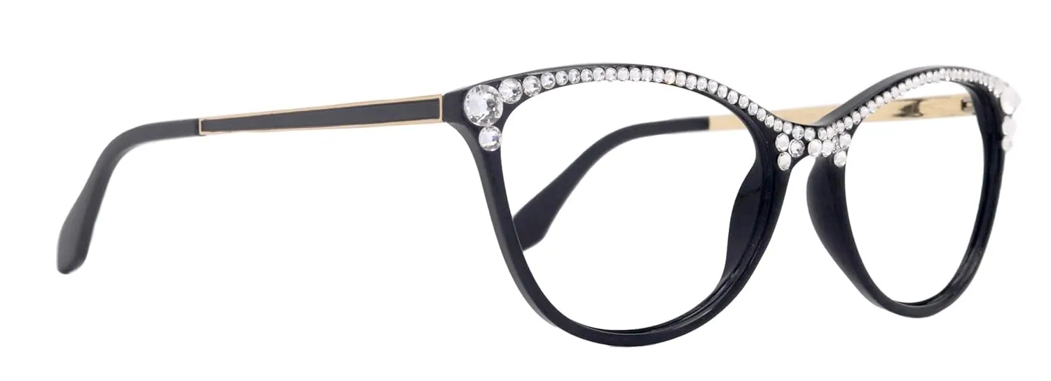 Cattitude Bling Cat Eyes, Women Reading Glasses Adorned Top W (Clear) Genuine European Crystals (Black) Frame, NY Fifth Avenue. ( 2.25)