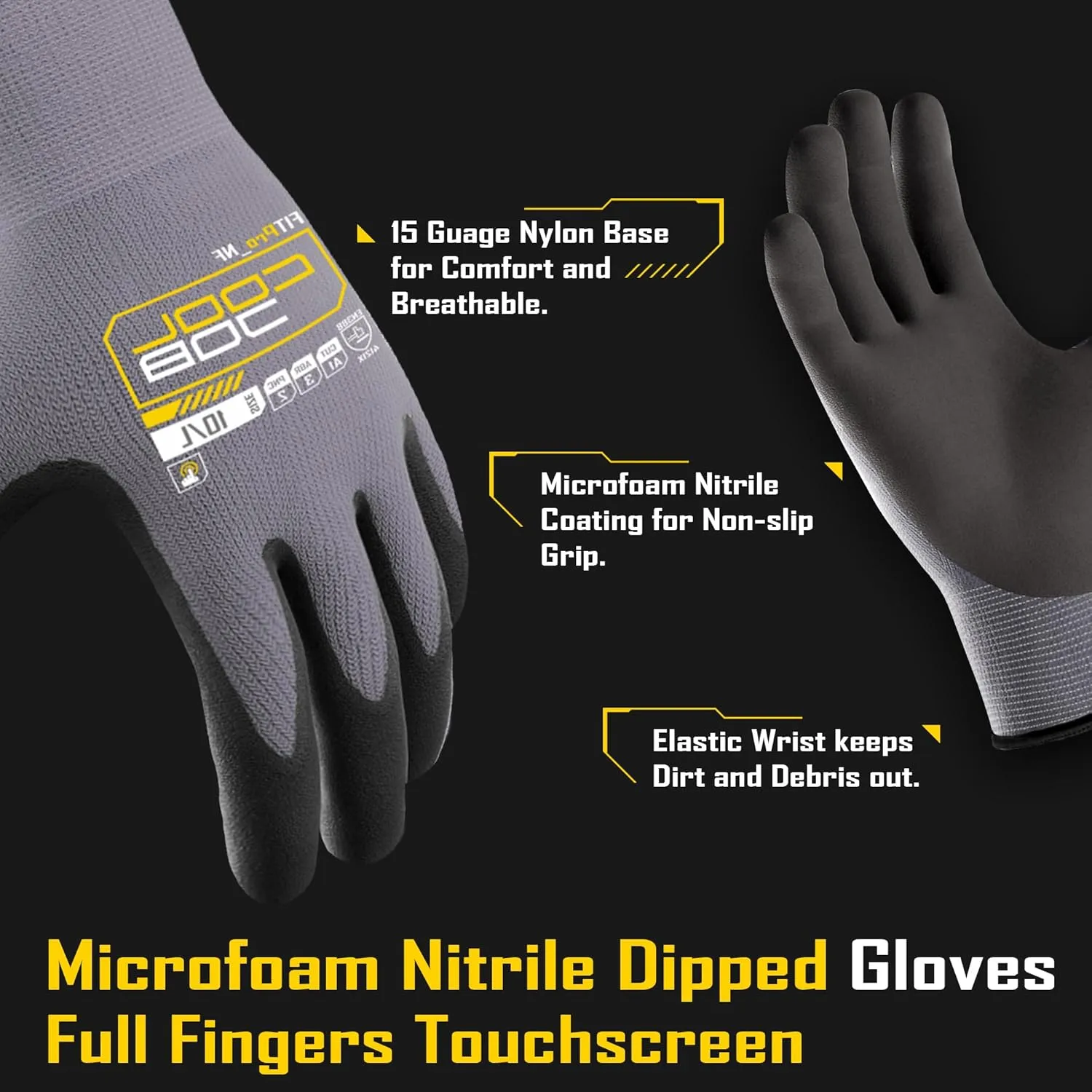 COOLJOB 36 Pairs Safety Work Gloves Microfoam Nitrile Rubber Coated, Seamless Knit Nylon Gloves with Full Fingers Touchscreen, Grip Nitrile Dipped, Ideal for Warehouse, Home Improvement, Grey Medium