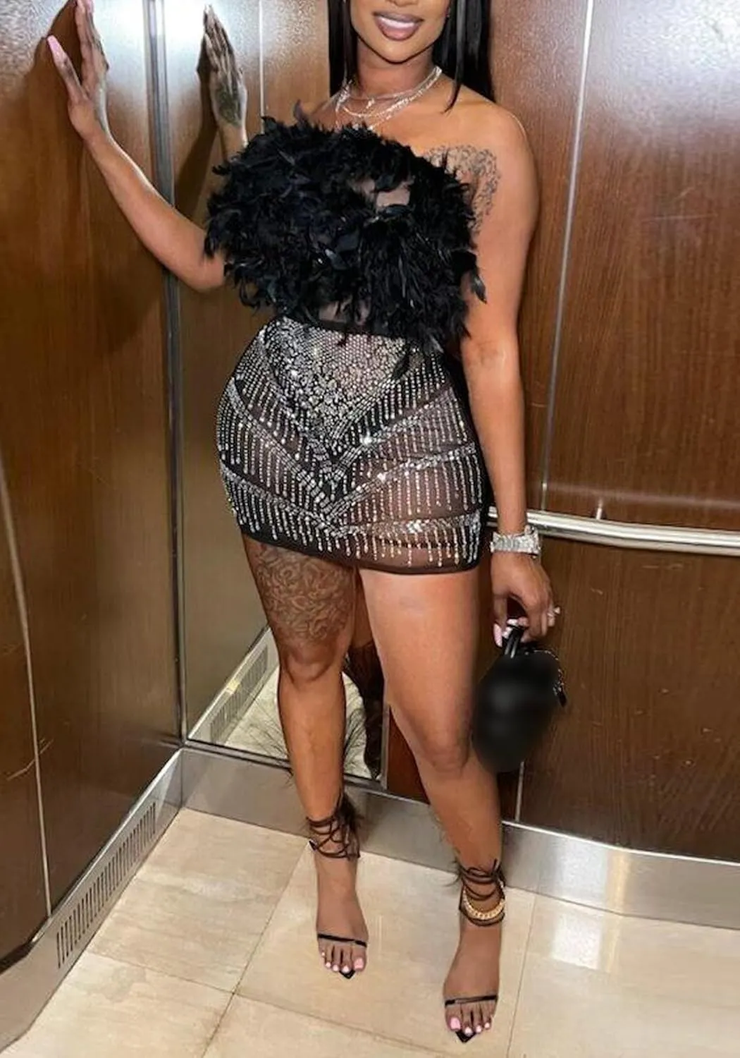 Ecirod Women Sexy Off The Shoulder Feather Bodycon Mini Dress Rhinestone Mesh Party Club Tube Dresses