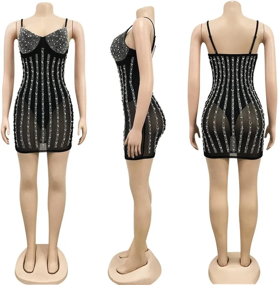 Lrady Women's Sexy Bodycon Spaghetti Strap Backless Sparkly See Through Mesh Mini Dresses for Birthday Club Party Homecoming