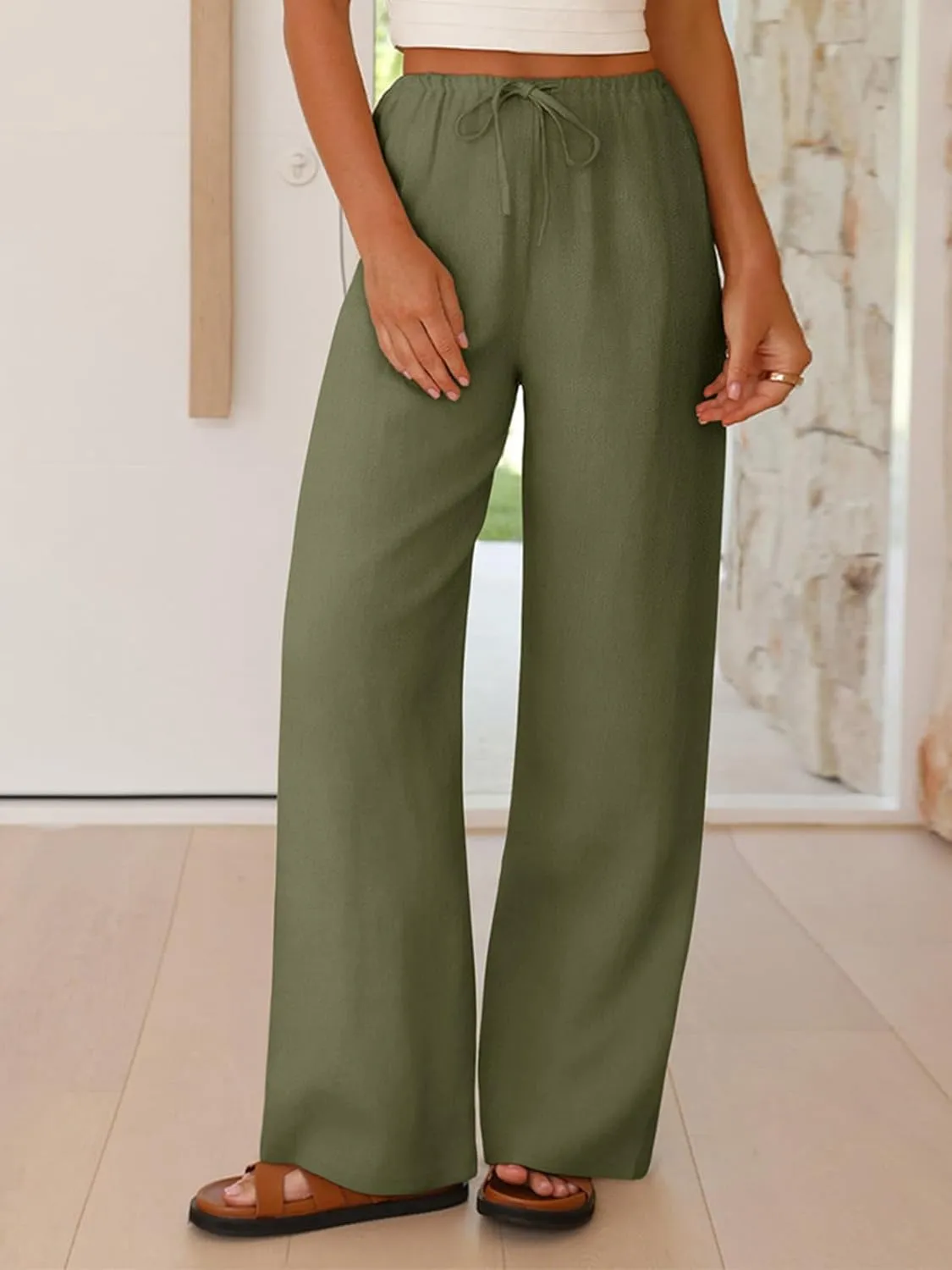 NIMIN Women Summer Linen Beach Flowy Pants Lightweight Drawstring Waist Wide Leg Vacation Clothes with Pockets