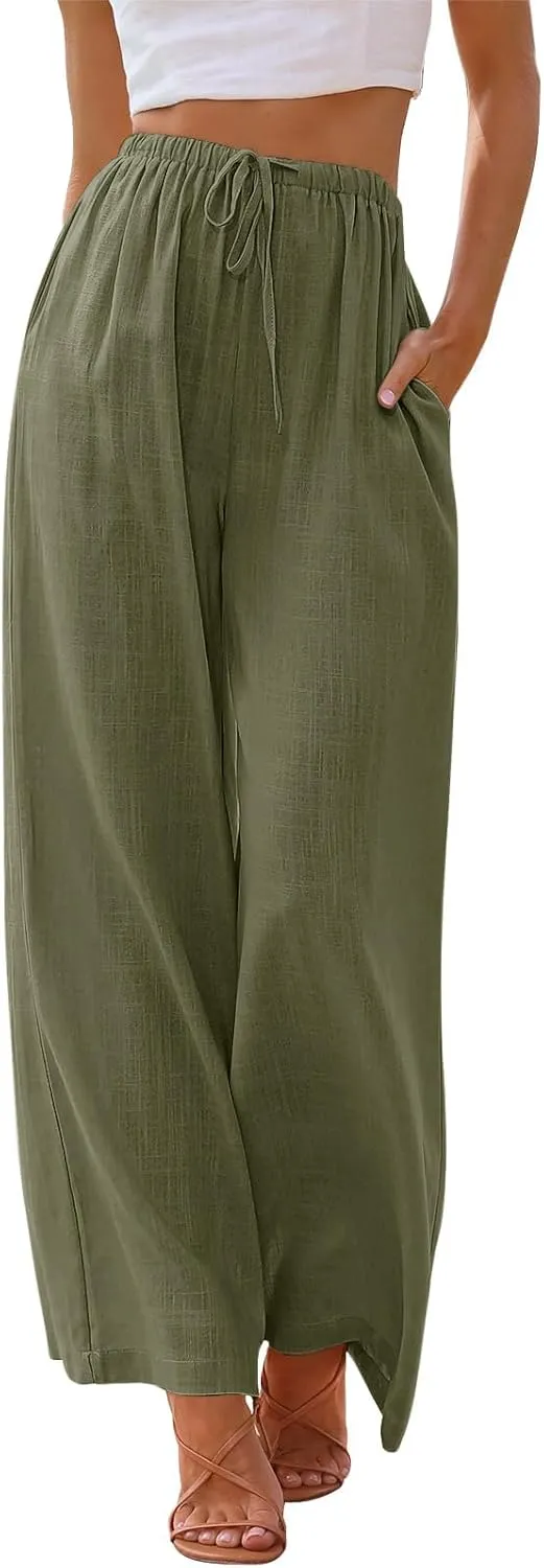 NIMIN Women Summer Linen Beach Flowy Pants Lightweight Drawstring Waist Wide Leg Vacation Clothes with Pockets