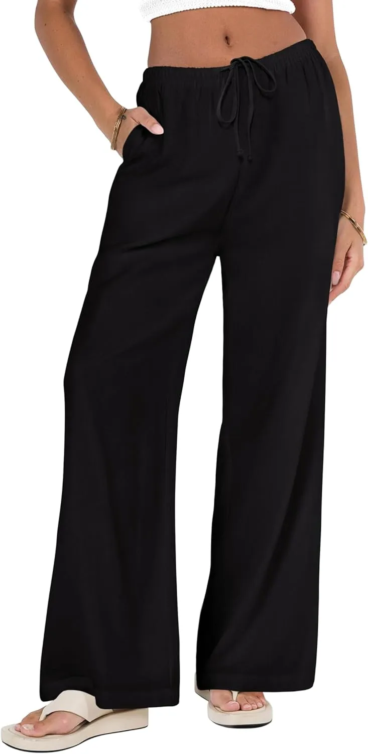 NIMIN Women Summer Linen Beach Flowy Pants Lightweight Drawstring Waist Wide Leg Vacation Clothes with Pockets