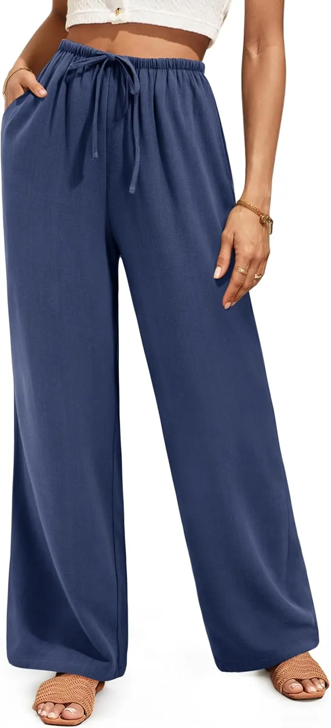 NIMIN Women Summer Linen Beach Flowy Pants Lightweight Drawstring Waist Wide Leg Vacation Clothes with Pockets