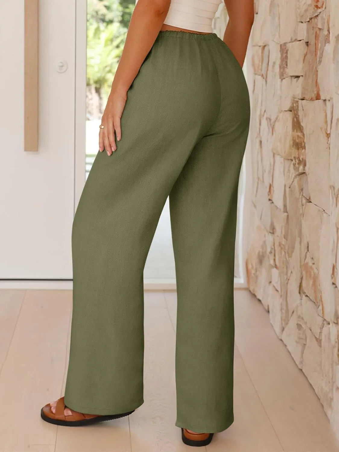 NIMIN Women Summer Linen Beach Flowy Pants Lightweight Drawstring Waist Wide Leg Vacation Clothes with Pockets