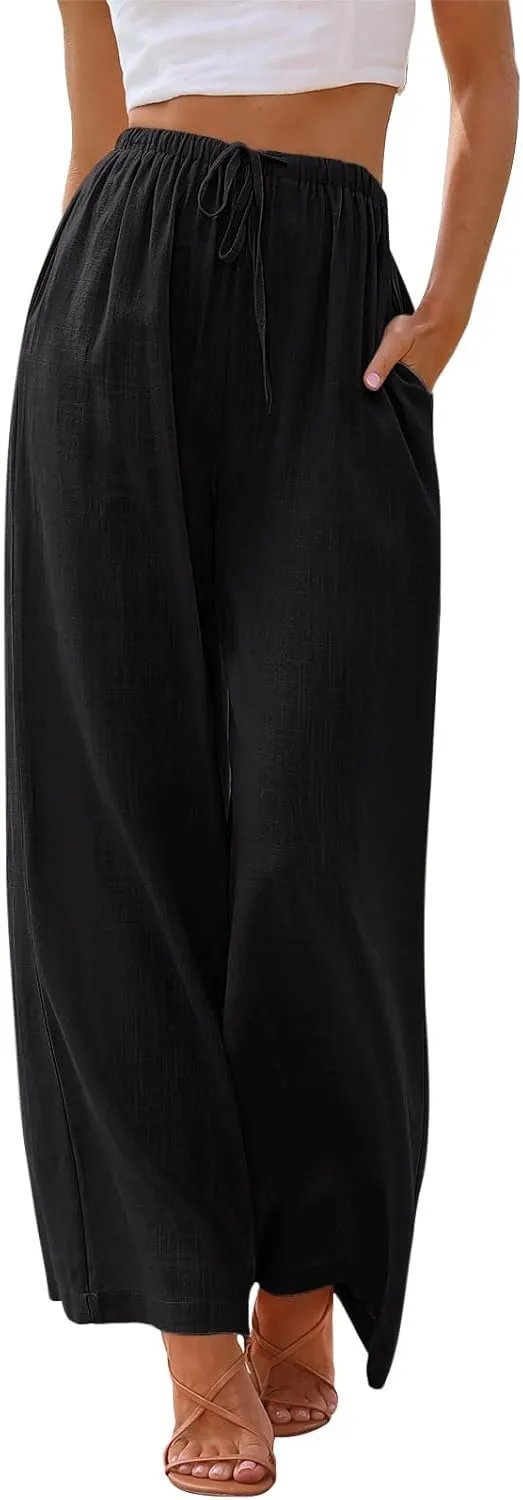 NIMIN Women Summer Linen Beach Flowy Pants Lightweight Drawstring Waist Wide Leg Vacation Clothes with Pockets