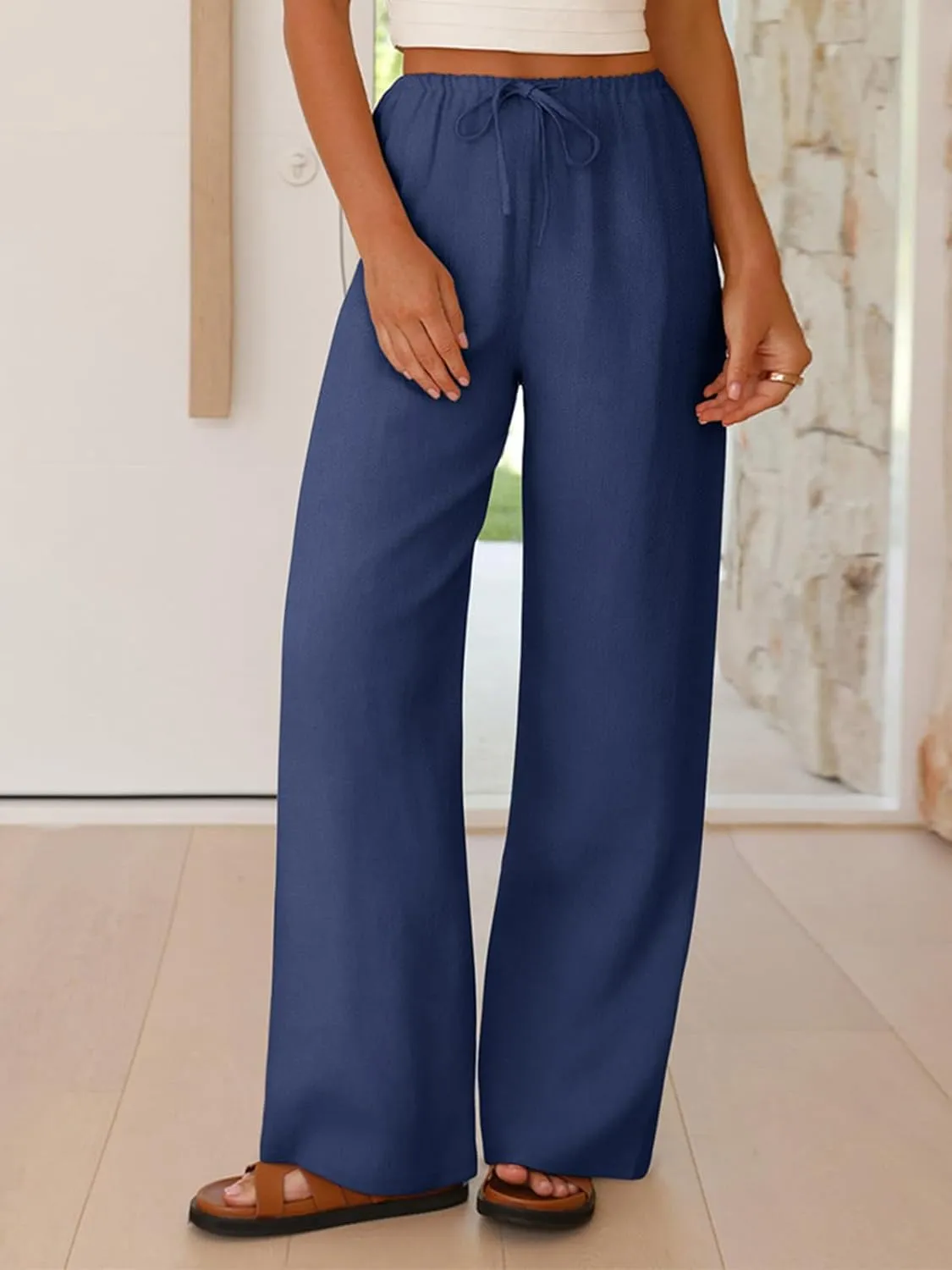 NIMIN Women Summer Linen Beach Flowy Pants Lightweight Drawstring Waist Wide Leg Vacation Clothes with Pockets