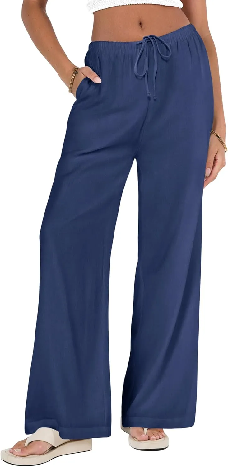 NIMIN Women Summer Linen Beach Flowy Pants Lightweight Drawstring Waist Wide Leg Vacation Clothes with Pockets