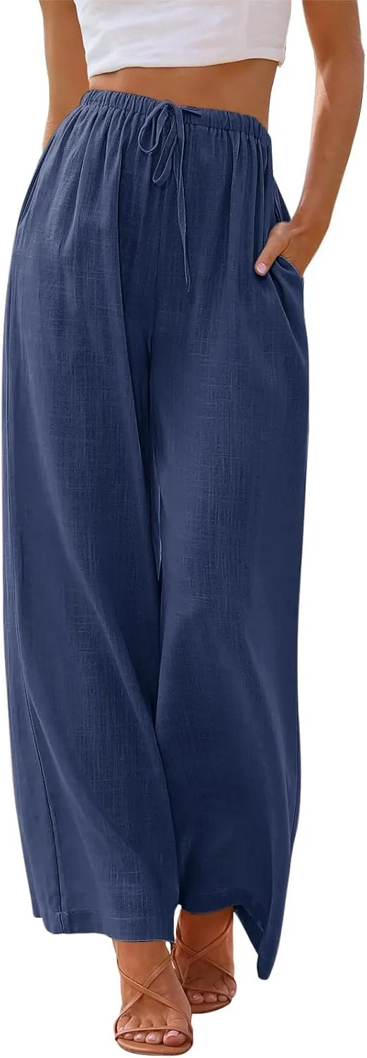 NIMIN Women Summer Linen Beach Flowy Pants Lightweight Drawstring Waist Wide Leg Vacation Clothes with Pockets
