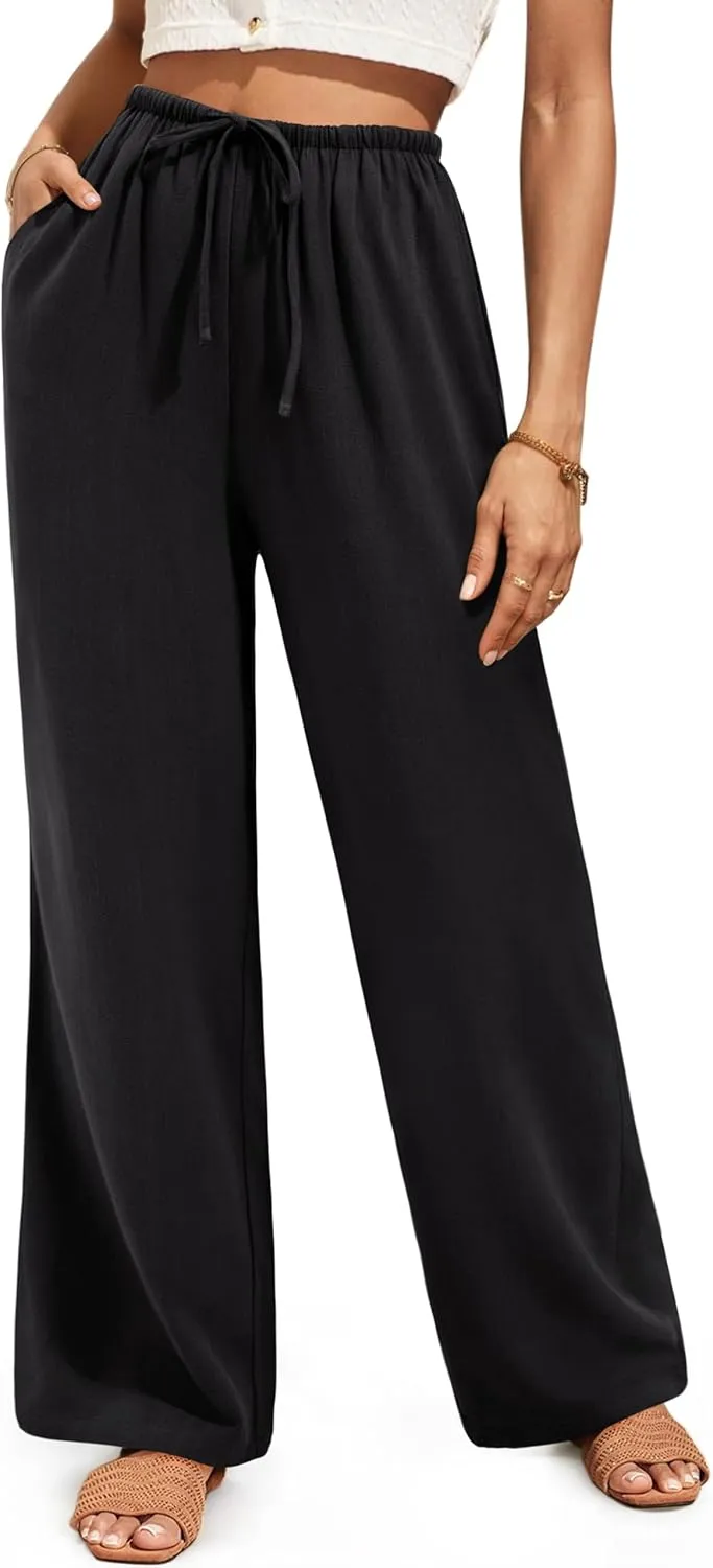 NIMIN Women Summer Linen Beach Flowy Pants Lightweight Drawstring Waist Wide Leg Vacation Clothes with Pockets